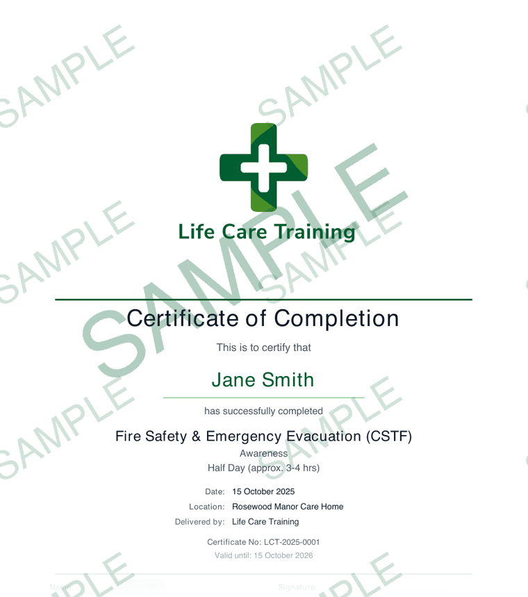 Sample page: a delegate certificate of completion, watermarked SAMPLE