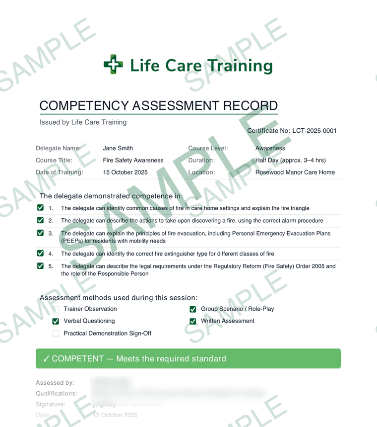 Sample page: a competency assessment record, watermarked SAMPLE