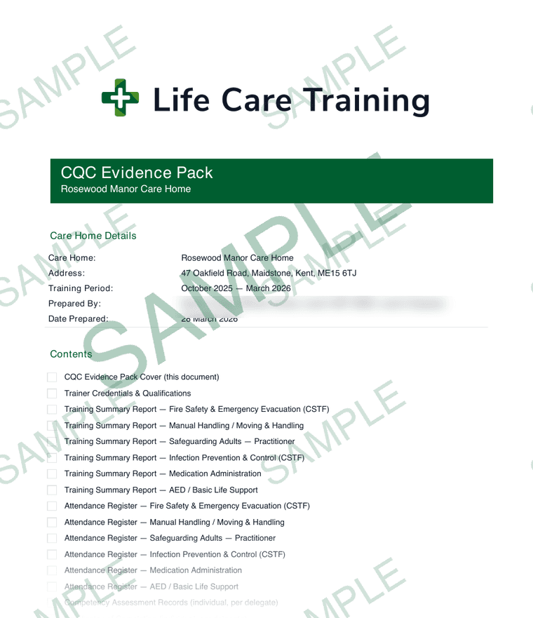 Sample page: the CQC Evidence Pack cover and contents list, watermarked SAMPLE